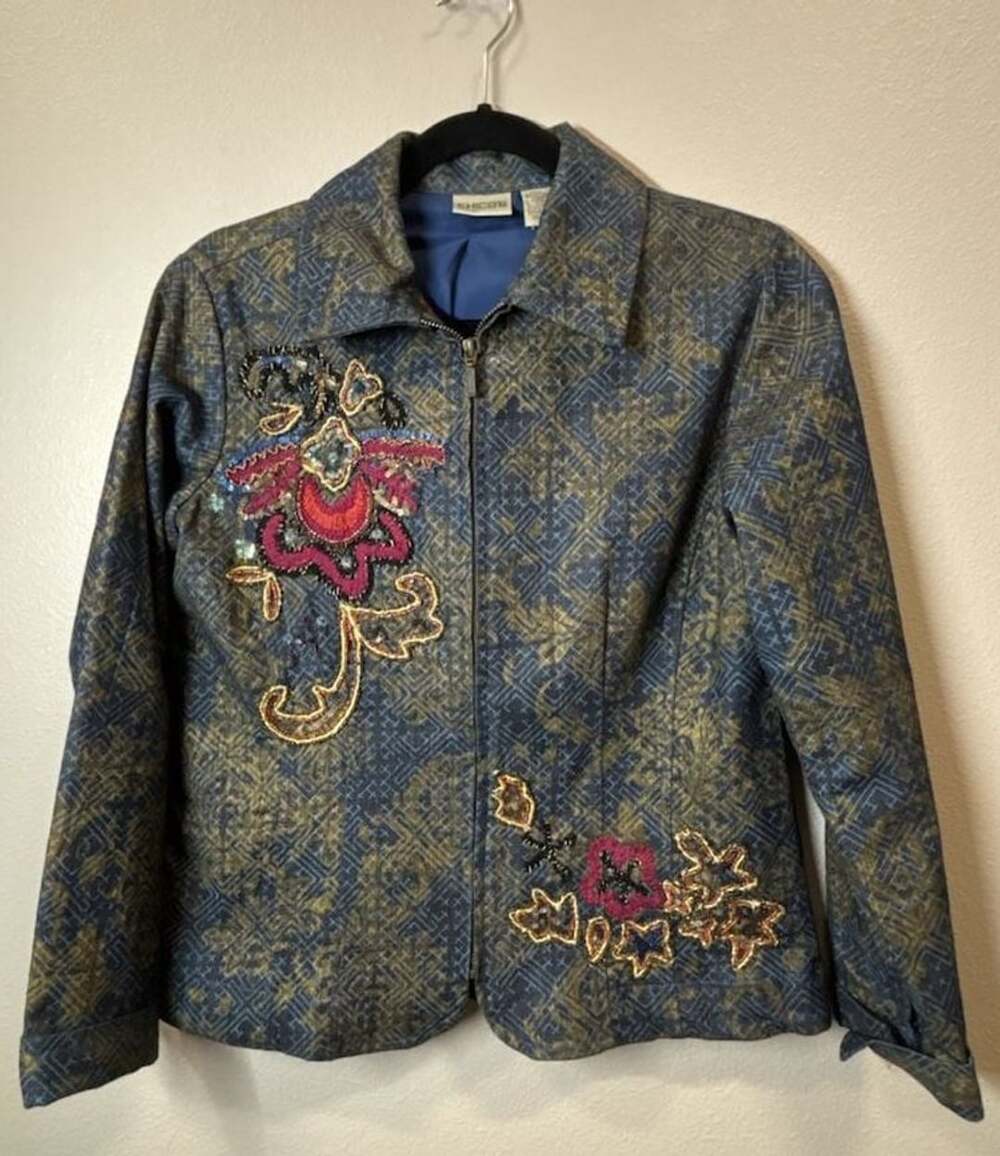 Chico's Embroidered Sequin Zip Jacket Blue Tapestry Floral Sz 0